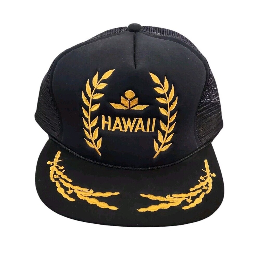 Vintage Hawaii Snapback Trucker Hat Black Cap Mesh Foam Rope‎ Gold Leaf